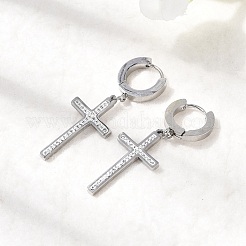 クロス304ステンレススチールポリマークレイラインストーンフープピアス  クリスタル  43.5x14.5mm&nbsp;EJEW-G453-11P-02