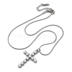 304 Stainless Steel & Plastic Pearl Cross Pendant Round Snake Chain Necklaces for Women&nbsp;STAS-Z114-20P