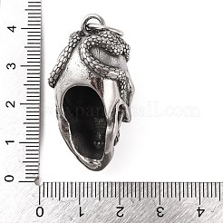 316サージカルステンレスペンダント  ヘビチャーム付きスカル  アンティークシルバー  39x18x22mm  穴：7mm&nbsp;STAS-Z073-43AS