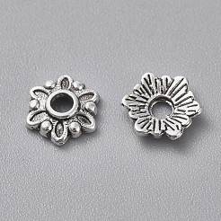 チベット風キャップ  無鉛の  花  アンティークシルバー  7x7x2mm  穴：1.5mm&nbsp;X-TIBEB-Q022-AS-LF