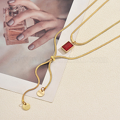 Adjustable 304 Stainless Steel Pave Cubic Zirconia Red Rectangle Pendant Double Layer Lariat Necklaces for Women&nbsp;TF2778