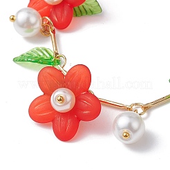 アクリルフラワー＆ガラスパールチャームブレスレット  真鍮のチェーン入り  レッド  6-7/8~7-1/8インチ（17.5~18cm）&nbsp;BJEW-JB10054-04