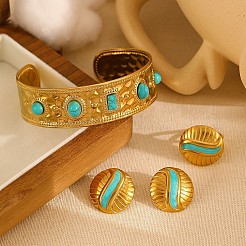 Synthetic Turquoise Cuff Bangles & Finger Ring & Stud Earrings Sets&nbsp;FS-WGB9654-04
