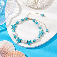 調節可能な染色合成ターコイズとシェルパール編みビーズブレスレット  女性用夏のビーチヒトデブレスレット  ターコイズ  内径：2~3-1/4インチ（5.1~8.1cm）&nbsp;BJEW-JB10513-02
