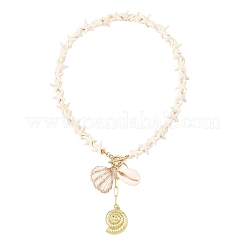 Ocean Natural Cowrie Shell & Brass Shell Shape Pendant Necklaces&nbsp;NJEW-JN06108