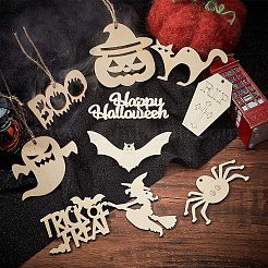 木製の装飾品  ジュートより糸付き  ハロウィン吊り飾り  パーティーギフトの家の装飾  ミックスカラー  48.5~90x53.5~112x2.5mm  穴：2.5~4.5mm  10のセット/袋&nbsp;WOOD-PH0009-31