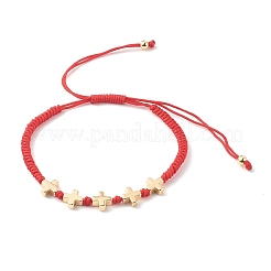 ユニセックス調節可能なナイロンコード編組ビーズブレスレットセット  真鍮のビーズで  クロス  プラチナ·ゴールデン  ミックスカラー  内径：2インチ（5.2cm）〜3-3/4インチ（9.6cm）  2個/セット&nbsp;BJEW-JB06330