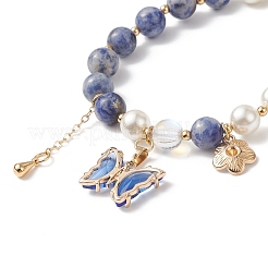 Round Natural Blue Spot Jasper & Shell Pearl Beaded Stretch Bracelet&nbsp;BJEW-TA00191-01