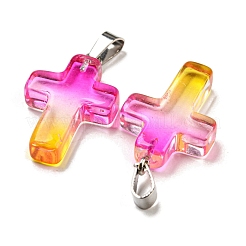 ガラスのペンダント  白金鉄パーツ  クロスチャーム  フクシア  29x18x5.5mm  穴：7x3.5mm&nbsp;GLAA-H029-05P-10