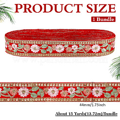 エスニックポリエステルリボン  キラキラのスパンコール付き  花柄  レッド  1-3/4インチ（44mm）  約15.00ヤード（13.72m）/バンドル&nbsp;OCOR-WH0109-038A