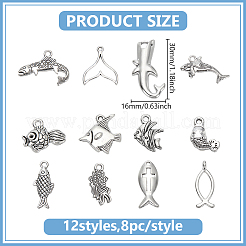 96pcs12スタイルチベットスタイル亜鉛合金ペンダント  魚のチャーム  アンティークシルバー  12~30x8~24.5x1~4mm  穴：1.4~4mm  8個/スタイル&nbsp;TIBEP-ME0001-15