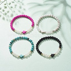 Synthetic Turquoise(Dyed) & Hematite & Natural White Jade Beaded Stretch Bracelet with Cross&nbsp;BJEW-JB08287