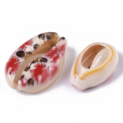 プリントされた天然のカウリーシェルビーズ  穴なし/ドリルなし  花柄  レッド  18~25x12~15x7mm&nbsp;SSHEL-R047-01-C06