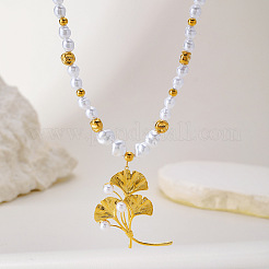 304 Stainless Steel Ginkgo Leaf Pendant Imitation Pearl Beaded Necklaces for Women&nbsp;WG458B2-01