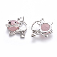 ナチュラルローズクォーツ子猫ペンダント  プラチナトーンの真鍮パーツ  漫画猫の形  28x30x9mm  穴：5x7mm&nbsp;G-J386-C09