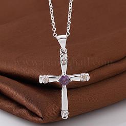 Silver Color Plated Brass Cubic Zirconia Cross Pendant Necklaces&nbsp;NJEW-BB09493