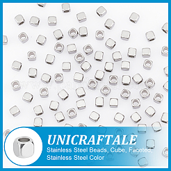 304ステンレススチールビーズ100個  キューブ  多面カット  ステンレス鋼色  2.5x2.5x2.5mm  穴：1.5mm&nbsp;STAS-UN0056-57