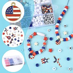 独立記念日のDIYネックレス/ブレスレット作りキット  250個のアクリルビーズを含む  ナイロン糸30m  プラスチック製のブレイクアウェイ留め金15セットと合金製エナメルペンダント16個  ミックスカラー  9x6mm  穴：3.8mm&nbsp;DIY-FS0009-70