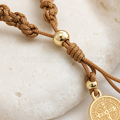 2Pcs 2 Colors Adjustable Polyester Braided Bracelets with 304 Stainless Steel and Brass Cross and Saint Benedict Medal Tassel Charms&nbsp;IW4580