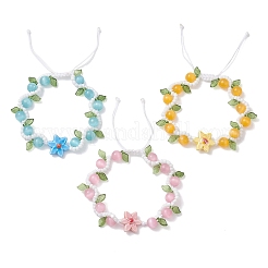 3個の花の手作り磁器と猫の目とアクリルビーズ編みビーズブレスレット  女性用調節可能な編み込みナイロンコードブレスレット  ミックスカラー  内径：2-1/4~2-3/4インチ（5.6~7cm）&nbsp;BJEW-TA00700