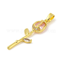 バレンタインデー用のバラの花、本物の 18k ゴールドメッキラックメッキ真鍮マイクロパヴェキュービックジルコニアペンダント  長持ちメッキ  鉛フリー＆カドミウムフリー  ピンク  28x8.5x4mm  穴：4.5x2.5mm&nbsp;KK-R153-01D-G
