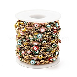エナメル フラット ラウンド イービル アイ リンク チェーン付き  金メッキ304ステンレス鋼製金具イオンプレーティング（IP）  溶接されていない  スプールで  藤紫色  11x6x3mm  8x3x2mm&nbsp;CHS-G021-01G-03