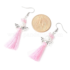 エンジェル 304 ステンレススチール ダングル イヤリング  シードビーズ、ポリエステルタッセル、ガラスパールラウンドビーズ付き  アンティークシルバー  ピンク  72~69x22mm&nbsp;EJEW-MZ00410-05