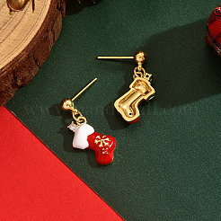 クリスマスソッキング真鍮エナメルダングルスタッドピアス  合金のイヤリング金具付き  ゴールドカラー  レッド  25x9mm&nbsp;QV0416