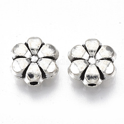 チベット風合金ビーズ  カドミウムフリー＆鉛フリー  花  アンティークシルバー  9.5x9.5x4mm  穴：1.4mm  約775個/1000g&nbsp;TIBE-S320-122AS-LF