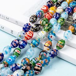 オーバル手作りのミッレフィオーリガラスビーズ連売り  ミックスカラー  14~15x10mm  穴：1mm  約27個/連  14.9インチ&nbsp;LK-R004-84