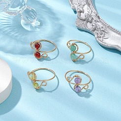 丸い天然宝石の指輪  女性用銅線巻き  USサイズ 8 1/2(18.5mm)4個/セット&nbsp;RJEW-TA00130