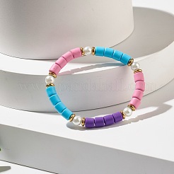 女の子の女性のためのコラムビーズストレッチブレスレット  ガラスパール＆ポリマークレイ＆非磁性合成ヘマタイトビーズブレスレット  ミックスカラー  内径：2-1/8インチ（5.4cm）&nbsp;BJEW-JB07182