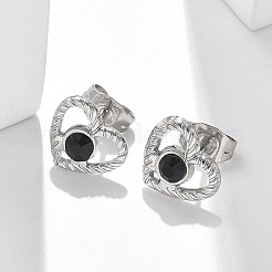 304ステンレススチールスタッドピアス  ラインストーン付き  ハート  ステンレス鋼色  9x10.5mm&nbsp;EJEW-F361-06P