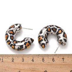 真鍮製スタンドピアス  ラックめっき  長持ちメッキ  鉛フリー＆カドミウムフリー  C字型でヒョウ柄  プラチナ  30.5x10mm&nbsp;EJEW-Q015-12B-P