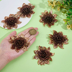 ポリエステルコンピューター刺繍布アイロン/縫い付けパッチ6枚  マスクと衣装のアクセサリー  アップリケ  花  ゴールド  75x78x7mm&nbsp;PATC-DC0001-18B