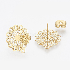 304ステンレススチールスタッドピアス金具  カン付き  花  ゴールドカラー  16x14mm  穴：1mm  ピン：0.7mm&nbsp;X-STAS-S079-34A