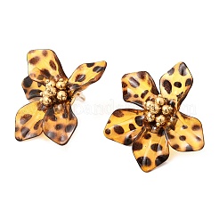 304ステンレススチールスタッドピアス  樹脂と  ヒョウプリントの花  18KGP本金メッキ  44x48.5mm&nbsp;EJEW-A158-06G