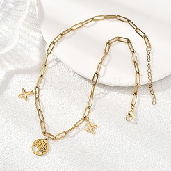 304 Stainless Steel Tree of Life and Cross Pendant Paperclip Chain Necklaces for Women&nbsp;NJEW-JN05664