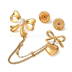 Bowknot & Heart 304 Stainless Steel & Plastic Pearl Hanging Chain Brooches&nbsp;JEWB-G049-02G