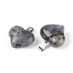 天然石ラブラドライトペンダント  鉄製のスナップオンベイル付きハートチャーム  プラチナ  21.5~22x25~25.5x10.5~11mm  穴：7.5x3.5mm&nbsp;G-N361-01P-02