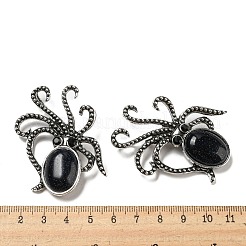 合成ブルーゴールドストーンのタコのブローチ  合金パヴェジェットラインストーン海の動物ピン  アンティークシルバー  52.5~53x36.5x8~9mm  穴：7x4mm&nbsp;G-Z050-01E
