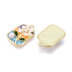 メッキ合金エナメルチャームラック  長方形と花  ABSの模造パールと  ライトゴールド  26x18x6mm  穴：1.8mm&nbsp;ENAM-N065-06KCG