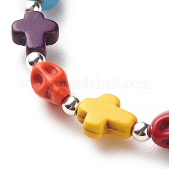 Synthetic Turquoise(Dyed) Cross & Skull Beaded Stretch Bracelet&nbsp;BJEW-JB08449-02