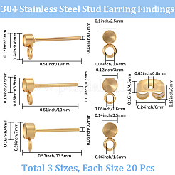 60個 3スタイル 304ステンレススチールスタッドピアス金具  ピアスキャッチとカン付き  ゴールドカラー  6~7x3~4x13~13.5mm  穴：1.6mm  ピン：0.8mm  20個/スタイル&nbsp;STAS-BBC0007-45
