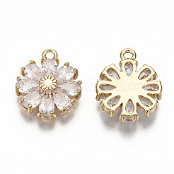 18KGP本金メッキ真鍮マイクロパヴェキュービックジルコニアペンダント  ニッケルフリー  花  透明  15x12.5x3.5mm  穴：1.4mm&nbsp;KK-S360-043A-NF