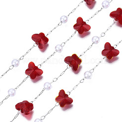 Glass Butterfly & ABS Plastic Pearl Beaded Chains&nbsp;CHS-N003-02-02