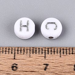不透明なアクリルビーズ  アルファベット付きフラットラウンド  シルバーライン入り  ホワイト  銀  6.5~7x3.5~4mm  穴：1.5~1.6mm  約3846個/500g&nbsp;SACR-Q001-08B-M