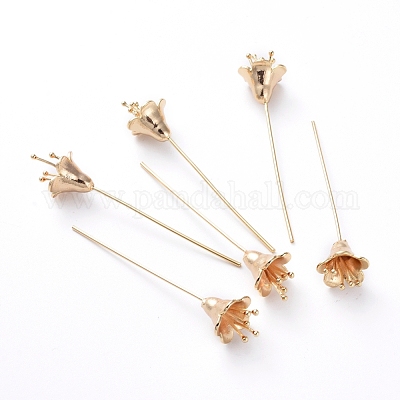 真鍮の花の形のヘッドピン  カドミウムフリー＆ニッケルフリー＆鉛フリー  18KGP本金メッキ  56.2x11.5mm  ピン：0.8mm&nbsp;KK-E783-10G-1