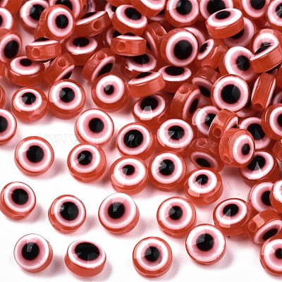 樹脂ビーズ  フラットラウンド  ナザールボンジュウ  レッドオレンジ  6x4mm  穴：1.5mm&nbsp;RESI-S339-4x6-22-1