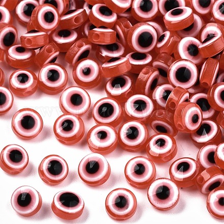 樹脂ビーズ  フラットラウンド  ナザールボンジュウ  レッドオレンジ  6x4mm  穴：1.5mm&nbsp;RESI-S339-4x6-22-1